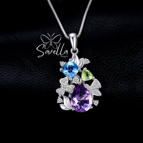 Tri-Stone Amethyst, Blue Topaz and Peridot Pendant set in 925 Silver with Chain - Picture 1 of 3